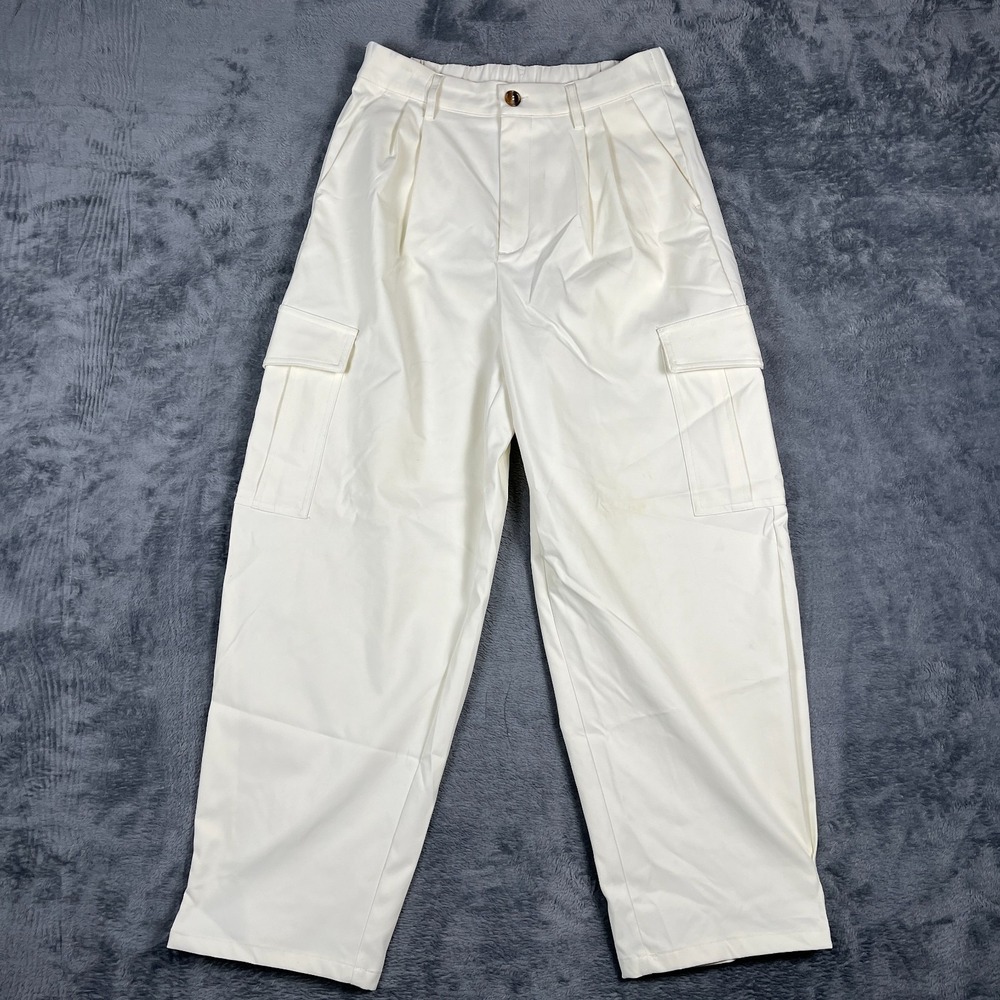 Halara Cargo Pants Womens Small Off White Pleated Utility Pockets Barrel Leg